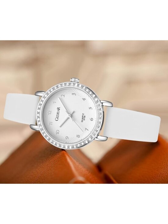 Women\'s All White Analog Quartz Crystal Rhinestone Bezel Waterproof Wrist Watch main image 6